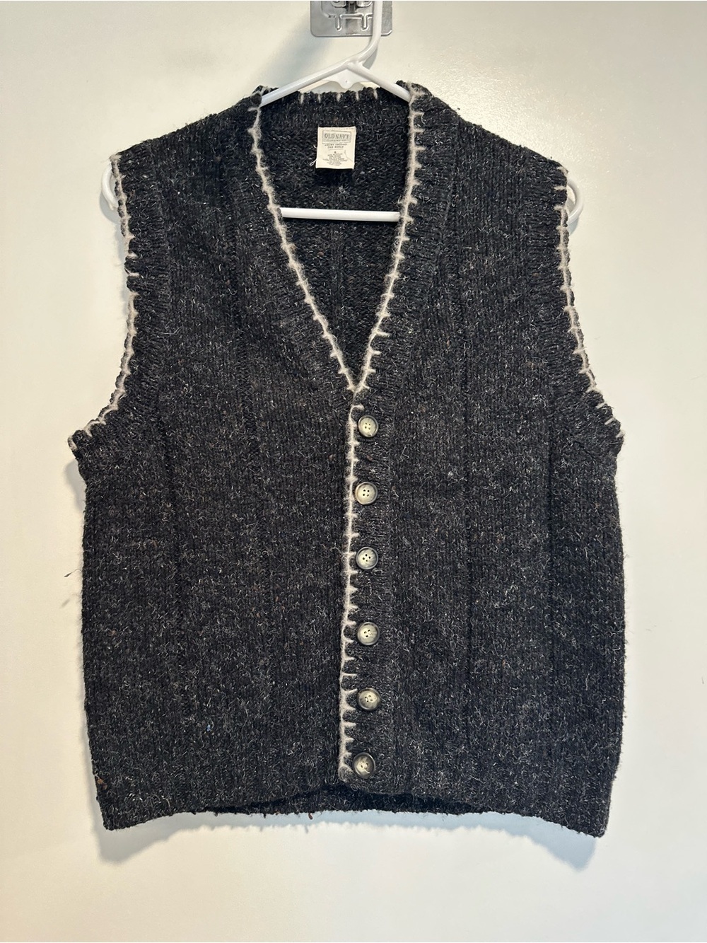 VTG 90s Old Navy charcoal gray Sz: S wool blend Button knit vest cream stitching